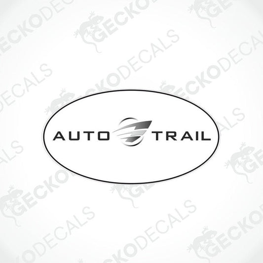 A black and white logo of AUTO-TRAIL, featuring the brand name with a graphical element on the right side, indicating a design for vehicle application.