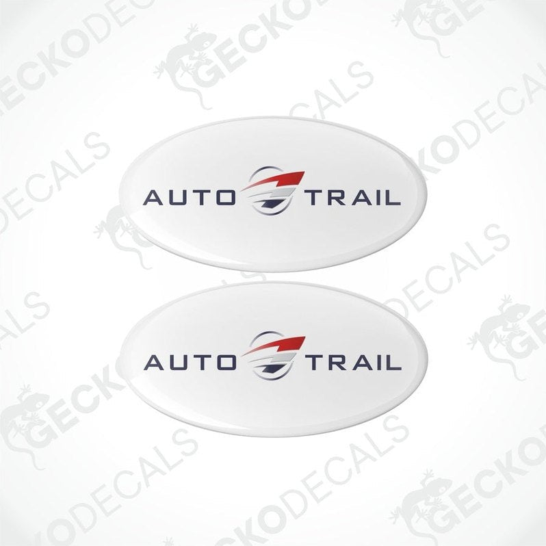 Two white epoxy decals with the text 'AUTO-TRAIL' and a graphic of an arrow and the GeckoDecals logo.