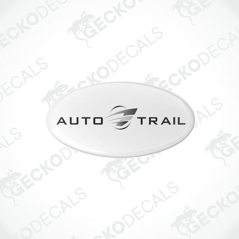 Two white epoxy decals with the text 'AUTO-TRAIL' and a graphic of an arrow and the GeckoDecals logo.