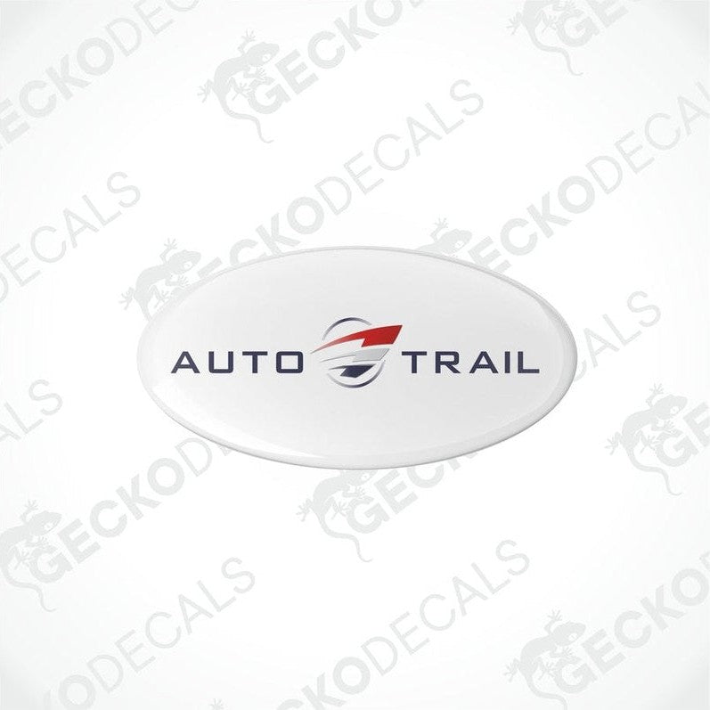 Two white epoxy decals with the text 'AUTO-TRAIL' and a graphic of an arrow and the GeckoDecals logo.