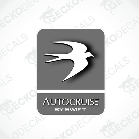 A printed and laminated decal with 'AUTOCRUISE BY SWIFT' text and a graphic of a bird in flight.