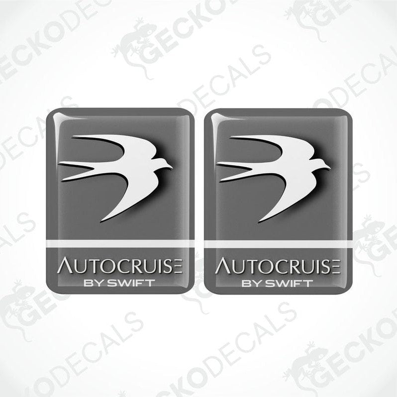 Two gray vinyl decals with 'AUTOCRUISE by SWIFT' text and a graphical design resembling a stylized bird in flight.