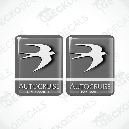 Two gray vinyl decals with 'AUTOCRUISE by SWIFT' text and a graphical design resembling a stylized bird in flight.