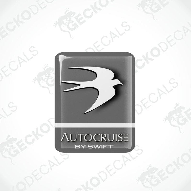 Two gray vinyl decals with 'AUTOCRUISE by SWIFT' text and a graphical design resembling a stylized bird in flight.