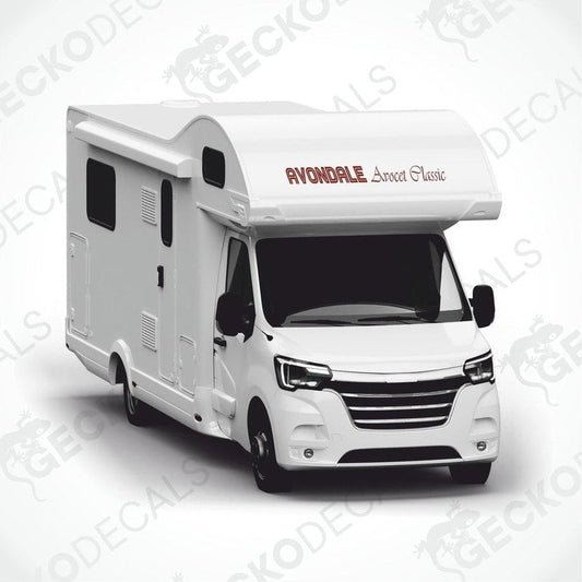 Maroon Avondale Avocet Classic decal applied to side of white motorhome