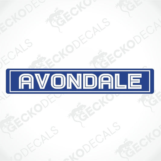Blue Avondale caravan sticker with white bold text and double outline border