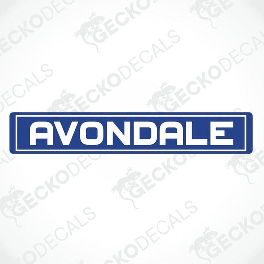 Blue AVONDALE caravan sticker with white text and border for interior or exterior use