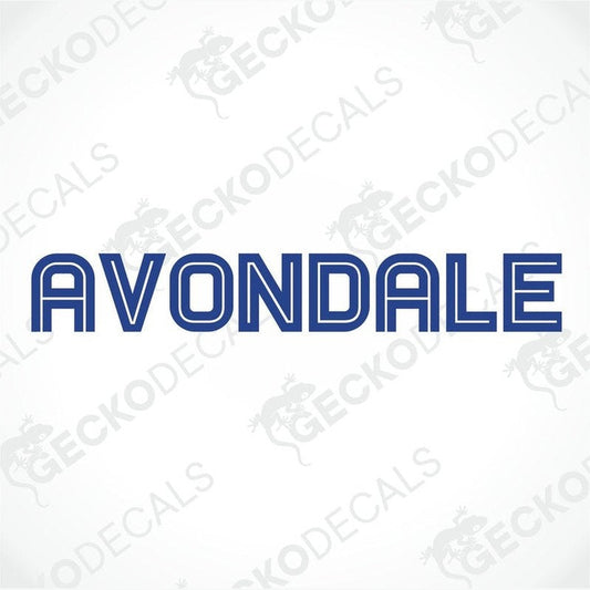 AVONDALE Caravan die-cut sticker with blue retro block lettering and white outline