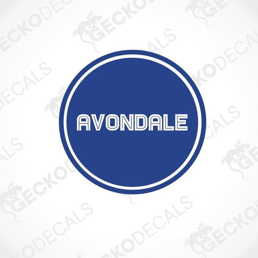 Blue Avondale caravan decal with white text and border