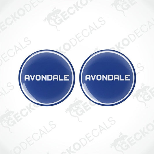 Set of two blue Avondale epoxy resin caravan stickers with domed surface