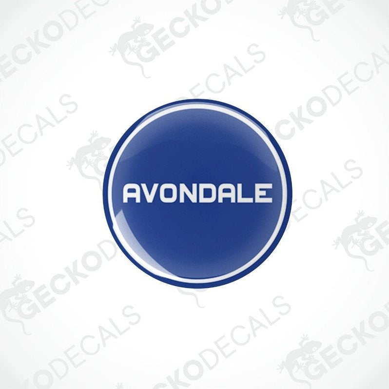 Blue Avondale epoxy caravan decal with domed glossy finish and white lettering