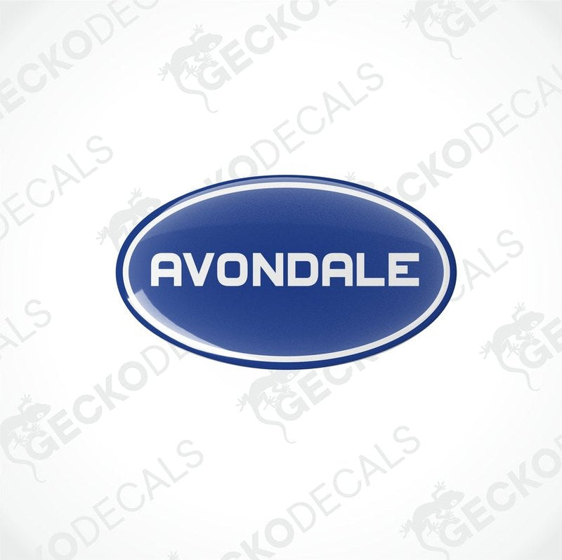 Avondale Caravan epoxy decal with domed blue finish and white lettering