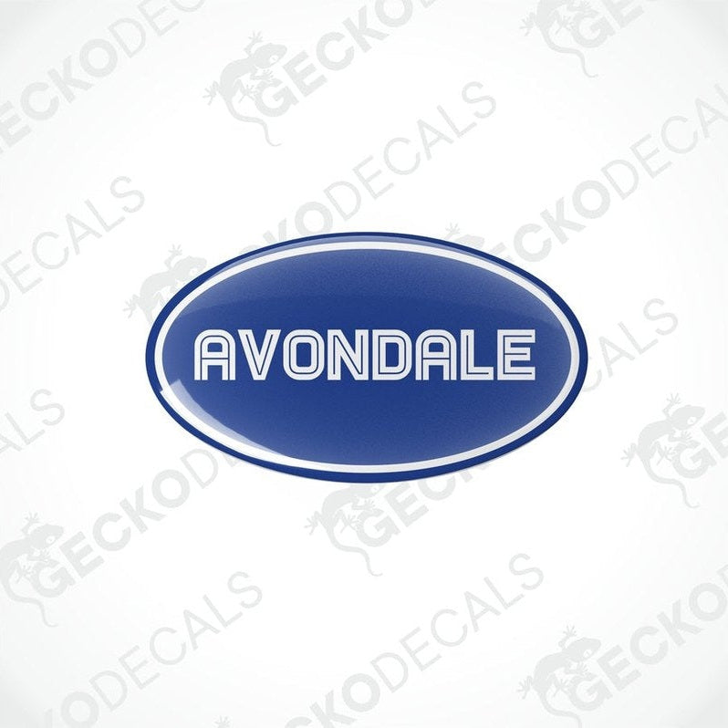 Close-up of Avondale Caravans domed epoxy decal showing glossy blue center and white lettering