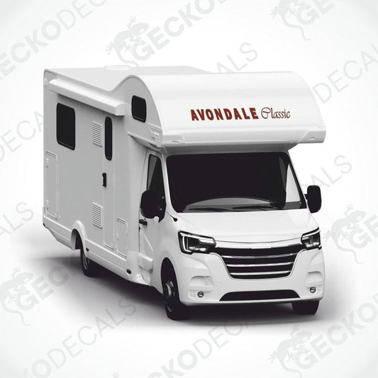Reddish-brown Avondale Classic caravan decal on white motorhome exterior