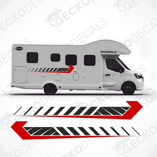 Avondale caravan side decals with red arrow stripes and black text on white exterior