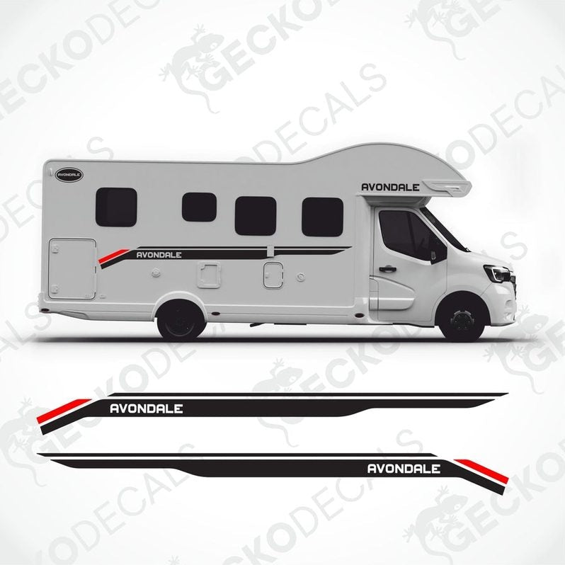 Black and red Avondale caravan decals applied to white motorhome exterior