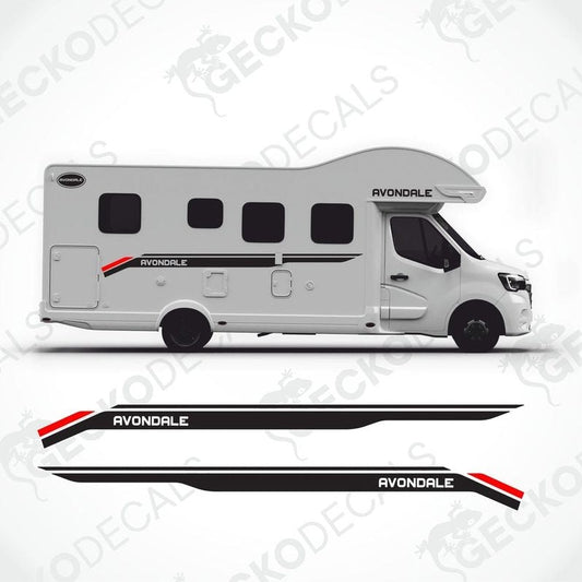 Black and red Avondale caravan decals applied to white motorhome exterior