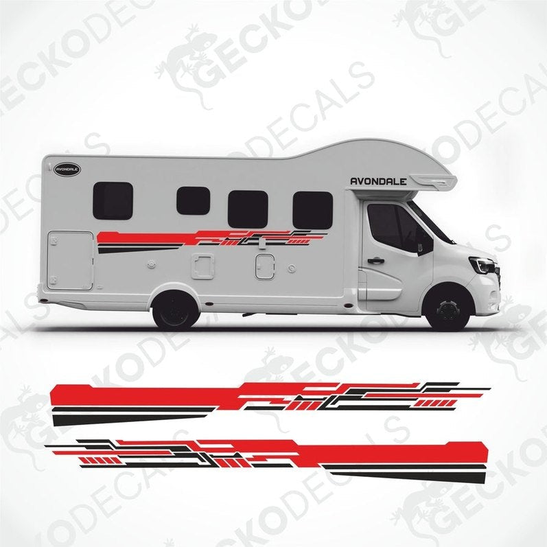 Red black gray geometric caravan side decals applied to Avondale exterior