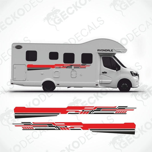 Red black gray geometric caravan side decals applied to Avondale exterior