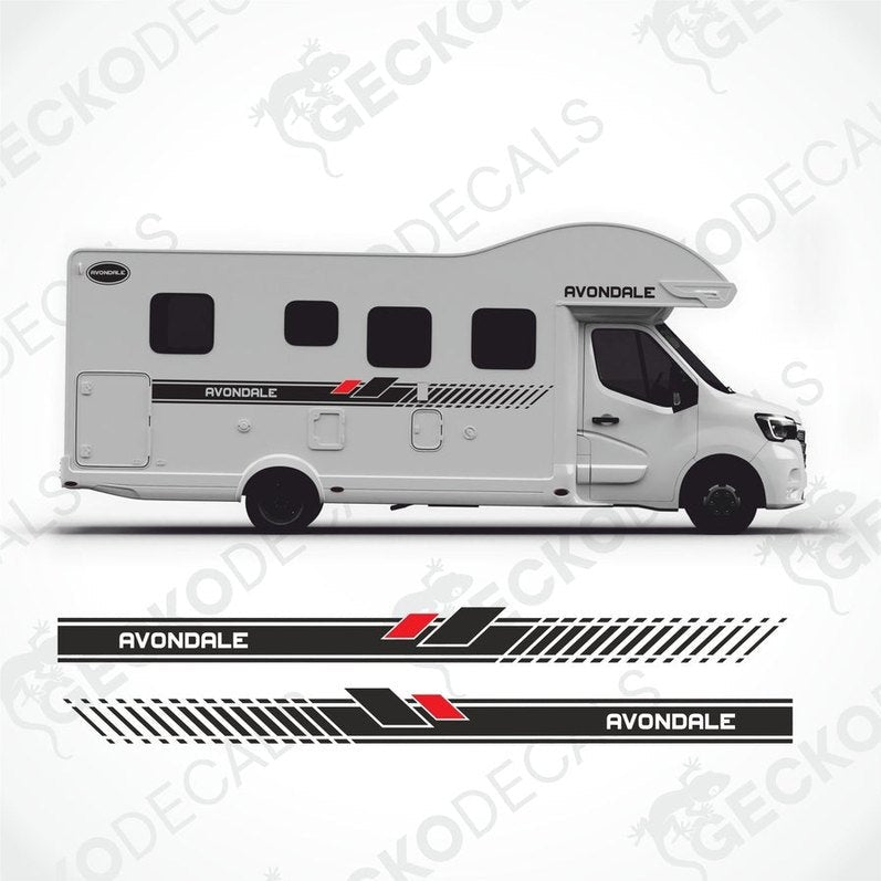 Avondale caravan side decals with black red diagonal stripes and oval logo on white exterior