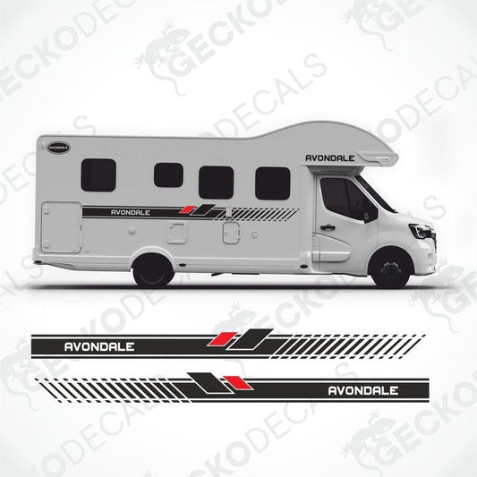 Avondale caravan side decals with black red diagonal stripes and oval logo on white exterior