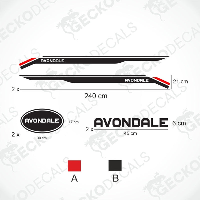 Avondale caravan sticker set with side decals, oval logos and text on transfer paper