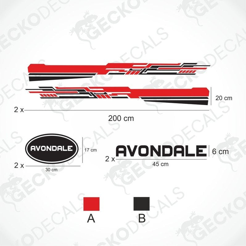 Avondale decoration set diagram with red black side stripes and oval logos