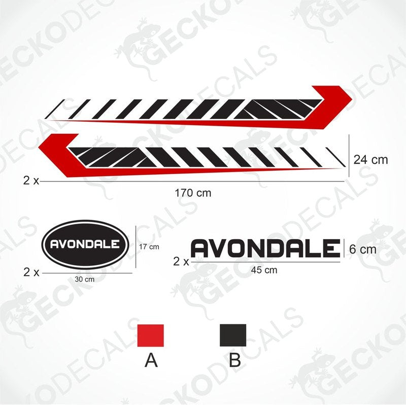 Avondale caravan sticker set diagram showing red black stripe decals and oval logos
