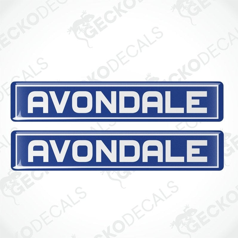 Set of two blue Avondale epoxy resin decals with white text and glossy finish