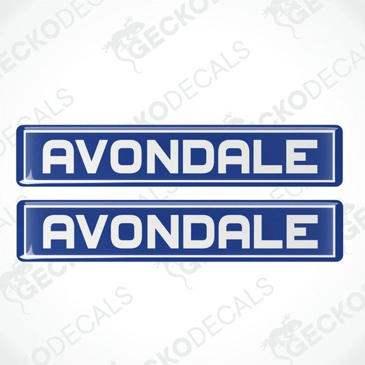 Set of two blue Avondale epoxy resin decals with white text and glossy finish