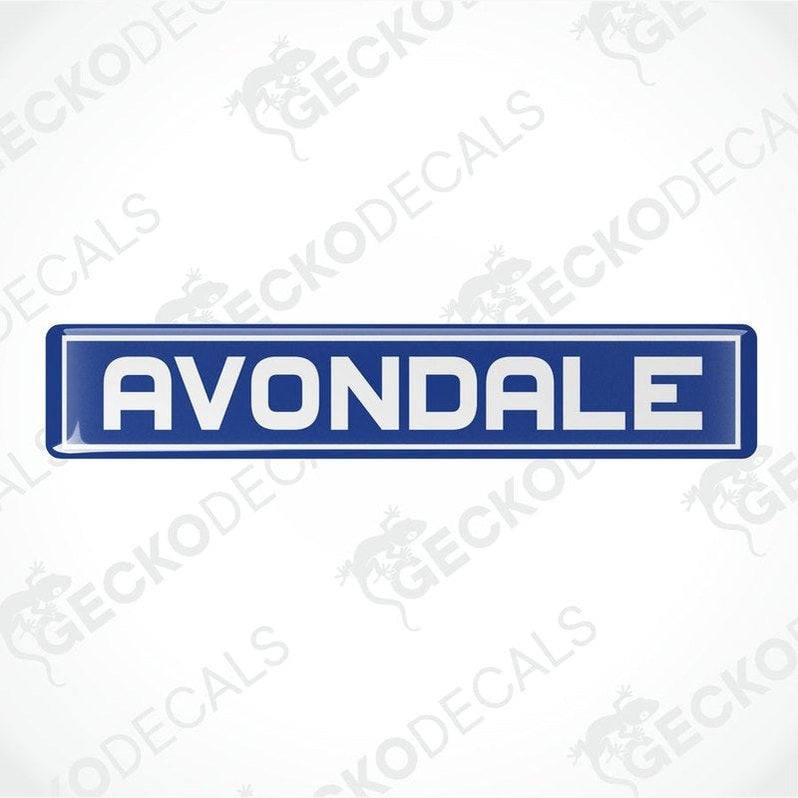 Single blue Avondale vinyl decal with domed epoxy coating and white lettering