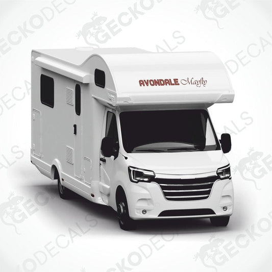 Avondale Mayfly caravan decal applied to front roof of motorhome above windshield