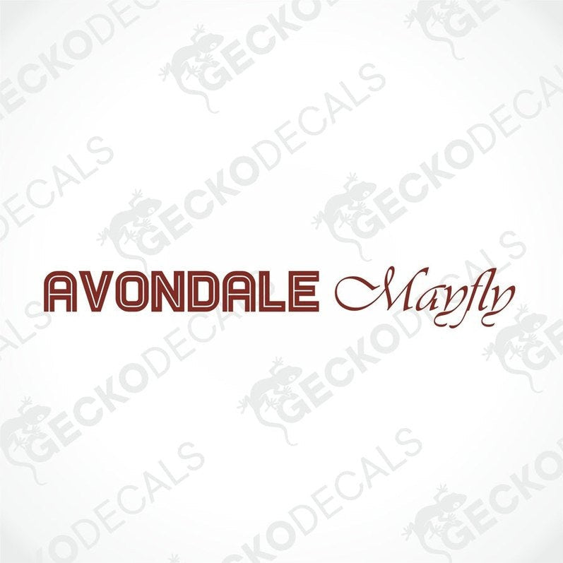 Avondale Mayfly die-cut caravan sticker with red bold and script text on white background