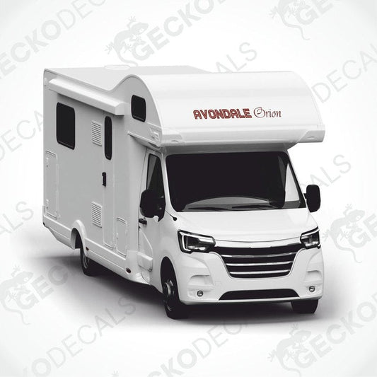 Avondale Orion caravan die-cut sticker in reddish-brown on motorhome side