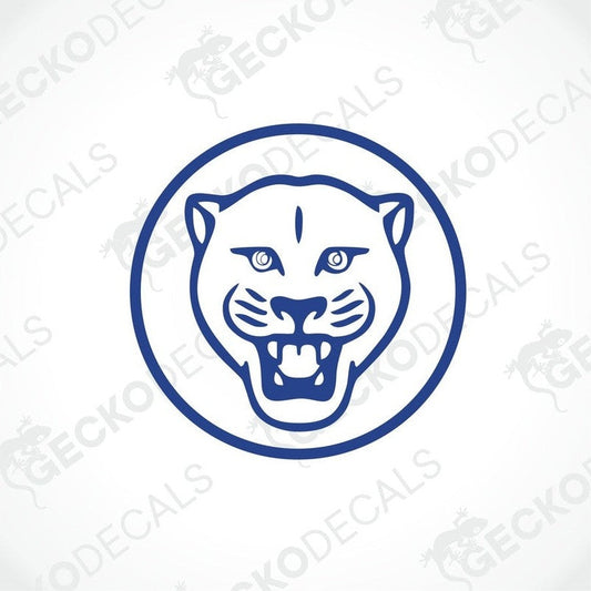 Blue monoline panther head die cut decal on white background