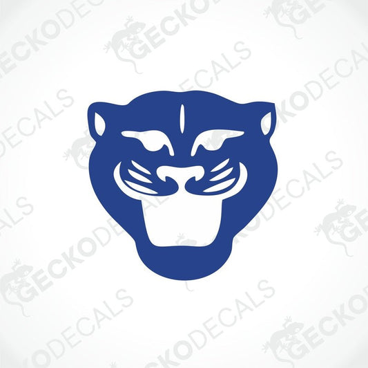 Blue AVONDALE PANTHER die cut decal with white negative space eyes and fierce panther head design