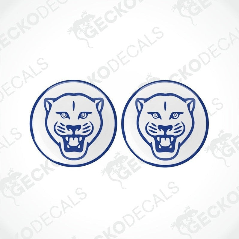 Set of two blue circular panther head vinyl decals with domed epoxy finish