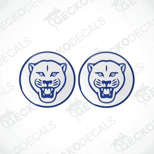Set of two blue circular panther head vinyl decals with domed epoxy finish