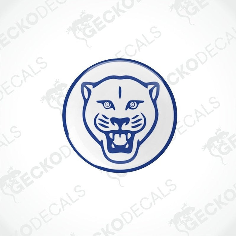 Blue line-art snarling panther head epoxy decal with polyurethane coating
