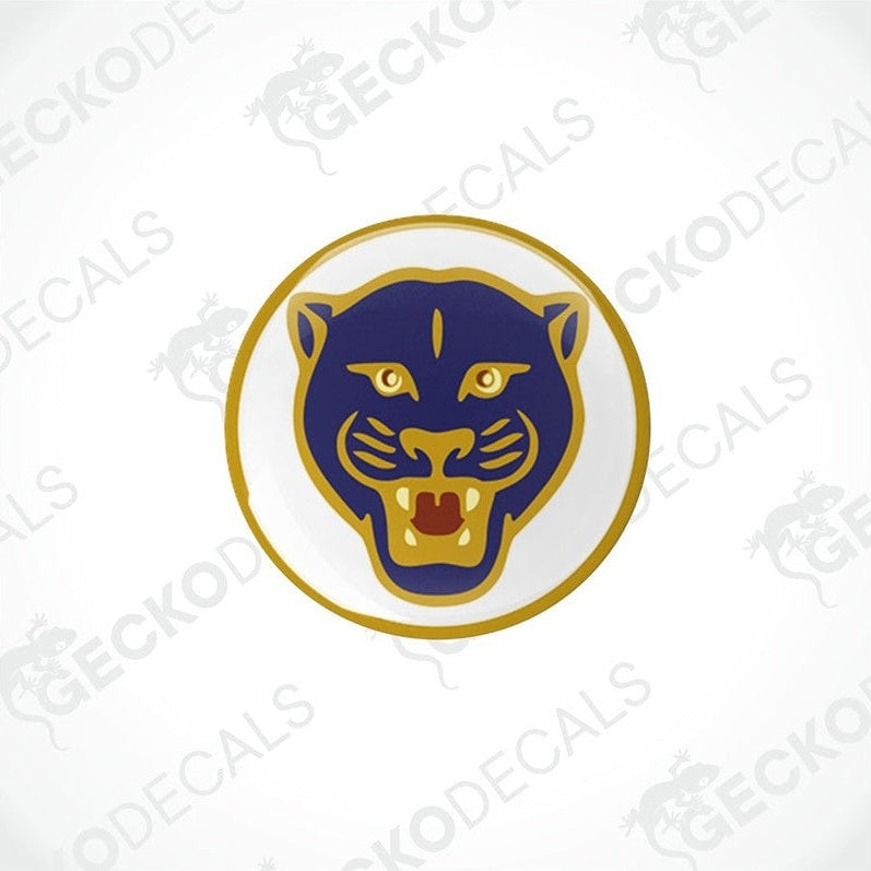 Single dark blue panther head vinyl decal with gold trim and red mouth