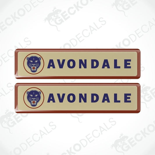 Set of two Avondale Panther vinyl decals featuring blue panther head and brown border