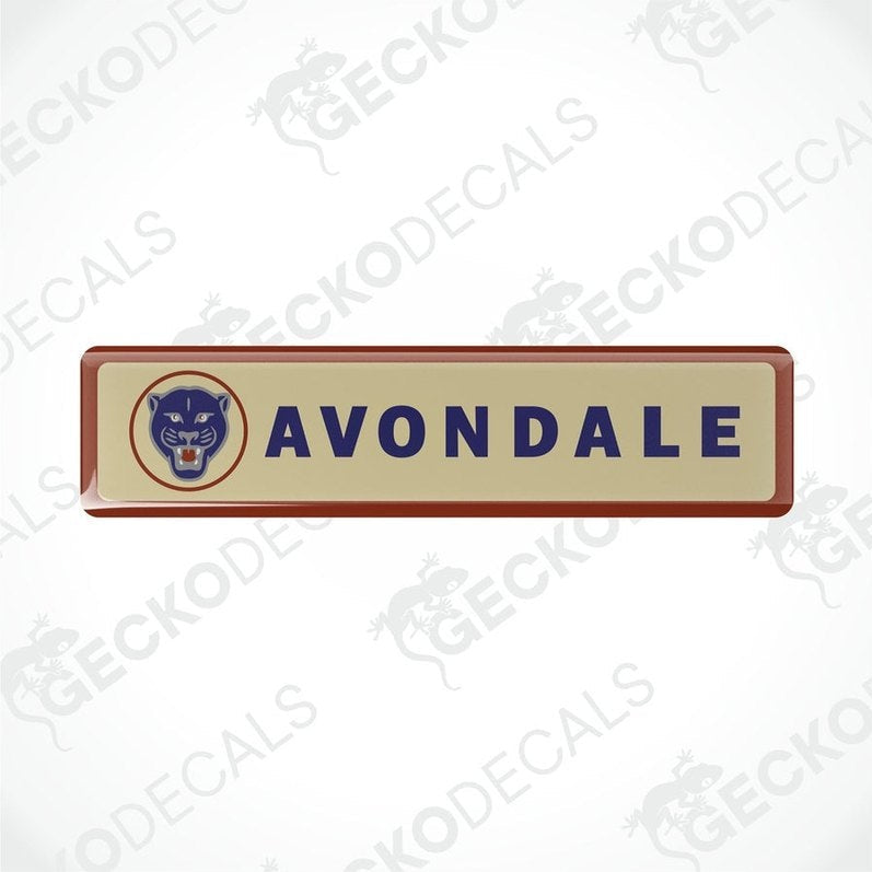 Avondale Panther epoxy resin decal with domed glossy finish and blue panther emblem