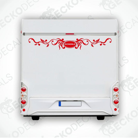 Red Avondale floral vine caravan rear decal on white vehicle