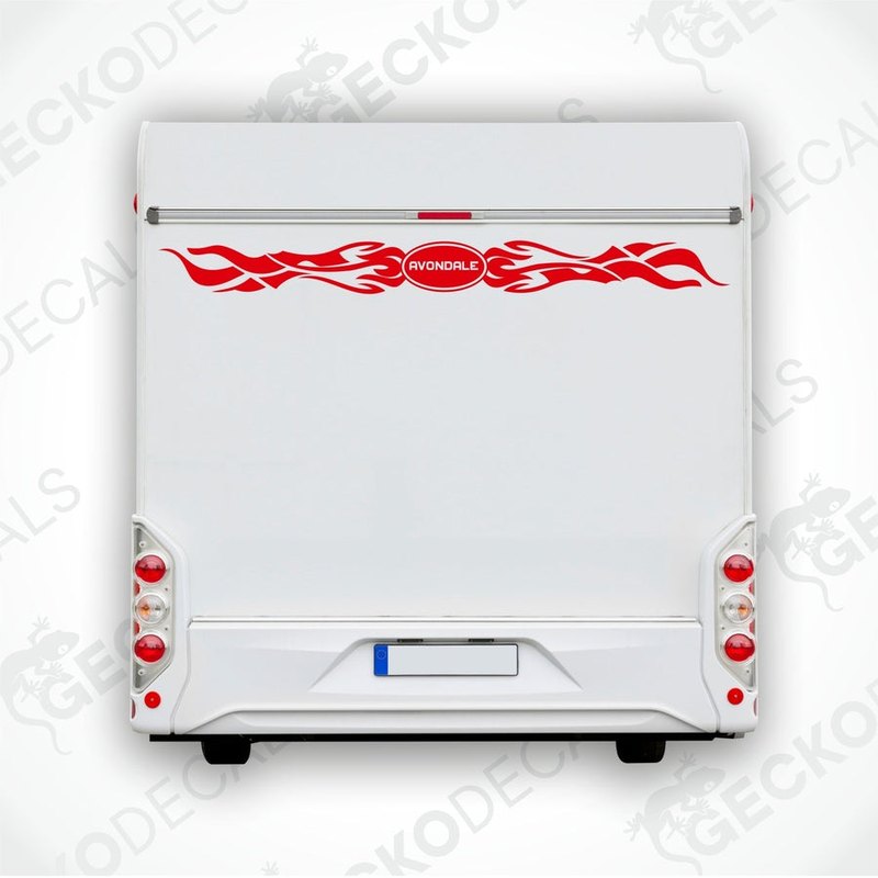 Red Avondale flame tribal decal applied to rear of white caravan