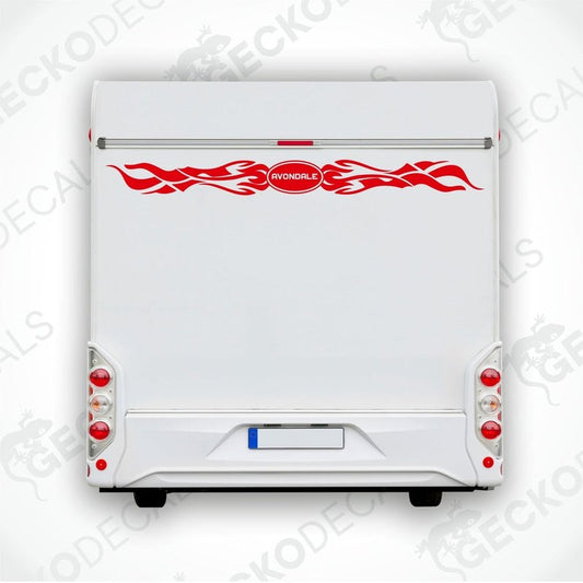 Red Avondale flame tribal decal applied to rear of white caravan