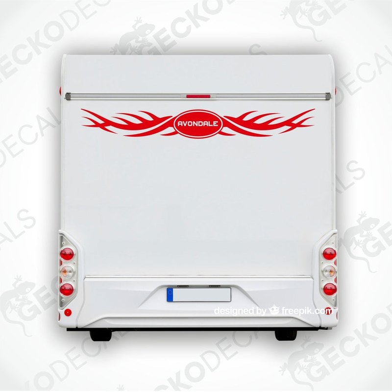 Red Avondale caravan rear decal with flame design on white vehicle