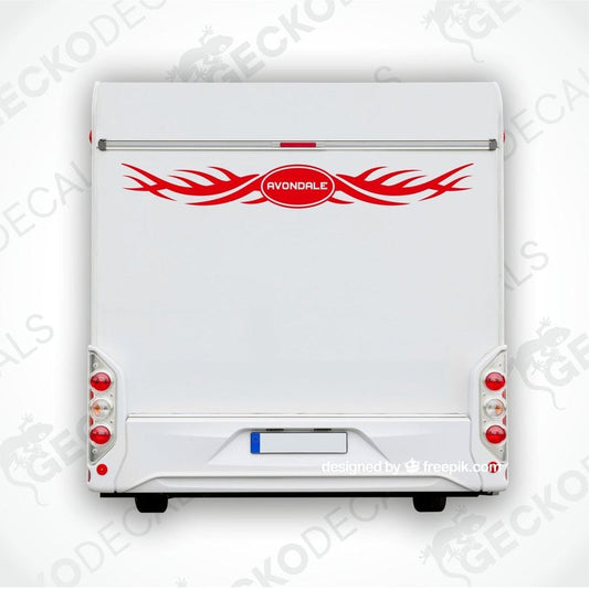 Red Avondale caravan rear decal with flame design on white vehicle