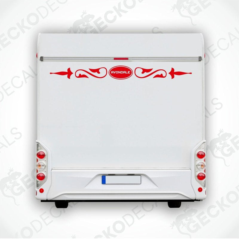 Red Avondale caravan rear decal with white text and ornamental swirls applied to white vehicle