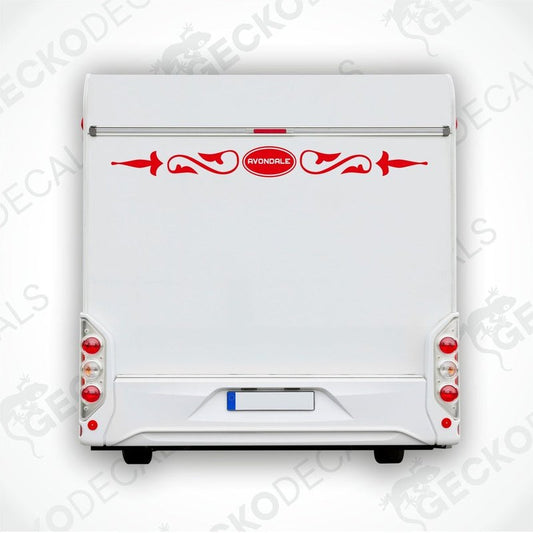 Red Avondale caravan rear decal with white text and ornamental swirls applied to white vehicle