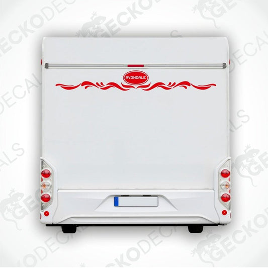 Red Avondale caravan rear decal with white lettering and scrollwork on white vehicle